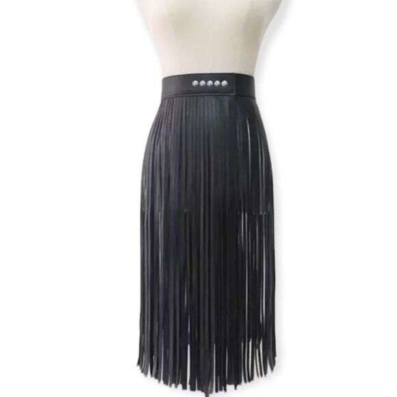 Black Leather Long Fringe Skirt Belt NWT main image 4